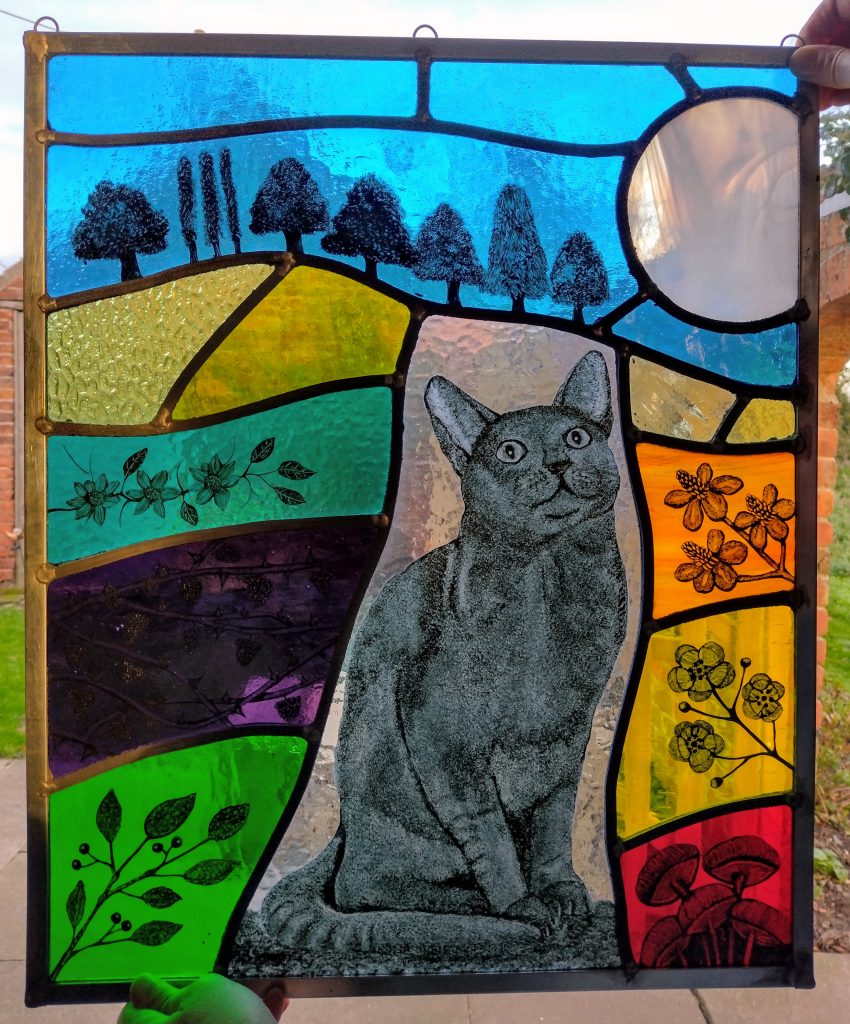 A2 size painted panel of a Russian Blue Cat